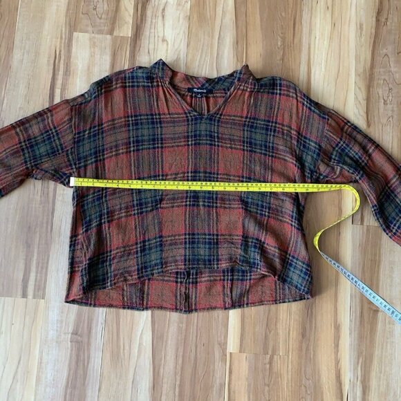 Madewell Womens Small Blouse Top Brown Rust Plaid Rayon Wool Blend Long Sleeves - Picture 2 of 10